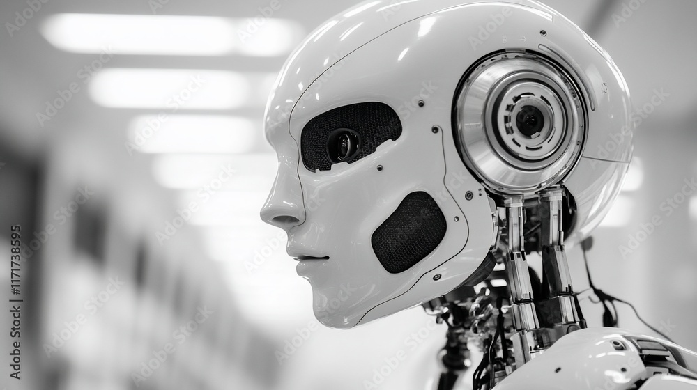 Poster Close-up of a humanoid robot's head, showcasing its intricate design and realistic features.