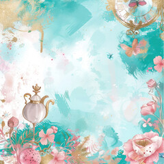watercolor Alice in wonderland theme background, in pink, turquoise and gold colors,.    