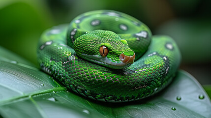 Fototapeta premium green tree python. Elegant green snake with a hypnotic gaze and textured scales, symbolizing the Year of the Snake in the Chinese zodiac. A captivating and exotic creature of nature.