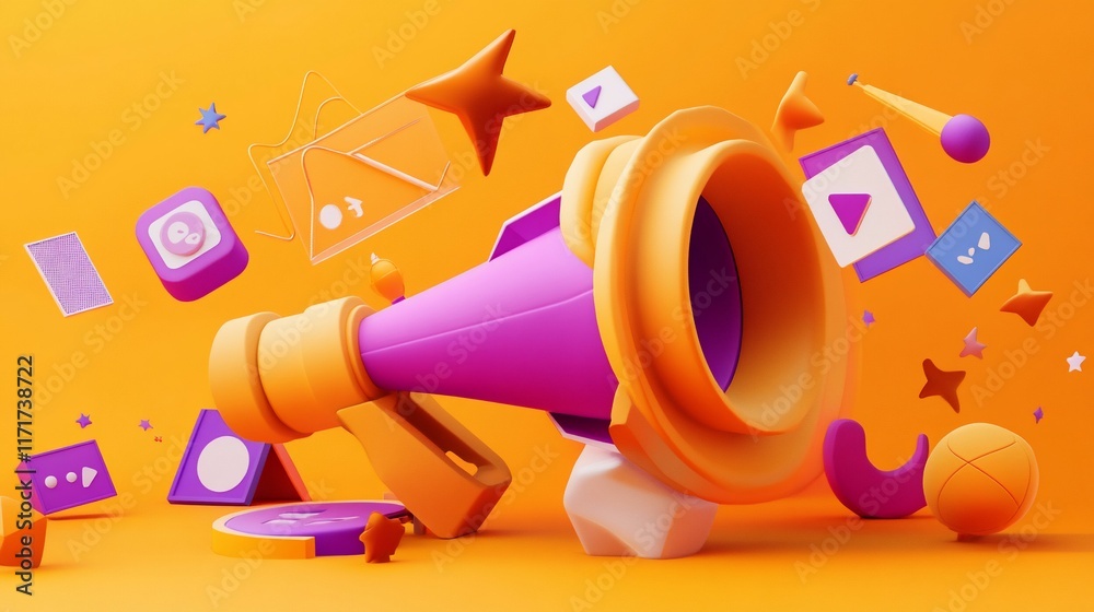 Poster 3d render of a megaphone with colorful social media icons and geometric shapes.
