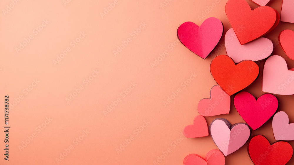 Poster paper hearts in shades of red and pink cascading down a peach background create a romantic valentine