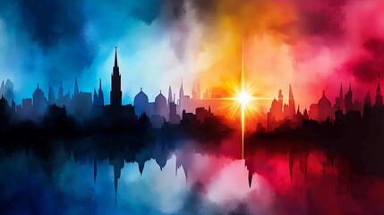 Fototapeta premium Silhouette of a city reflected in water, vibrant sunset colors dominate the sky. A beautiful, artistic cityscape.