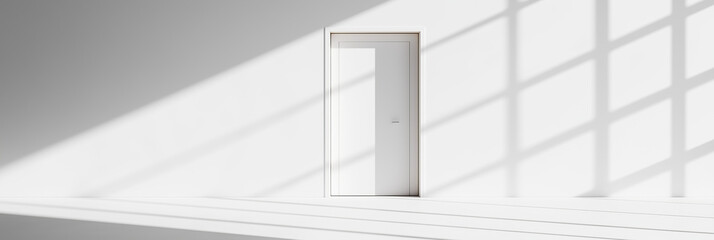 Fototapeta premium Illuminated doorway on a white wall showcasing gentle shadows in a minimalist interior space