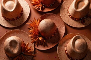 elegant straw hats with decorative feathers and ribbons in mocha mousse tones - color of the year 2025. autumn fashion accessory, top view. stylish and trendy element, flatlay. shopping, sales poster
