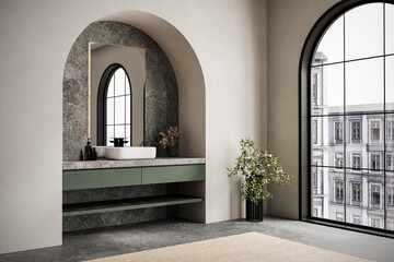 Modern minimalist bathroom interior, modern bathroom cabinet, white sink marble countertop, interior plants, bathroom accessories, bathtub, beige walls, concrete floor, arches.