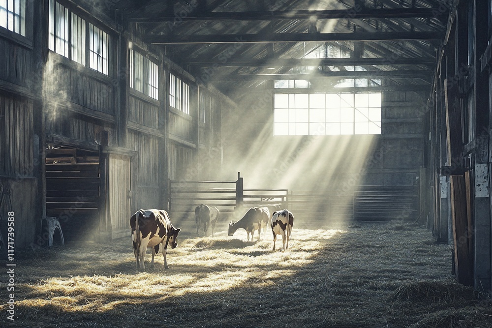 Poster sunbeams illuminate cows in a rustic barn. hay covers the floor.