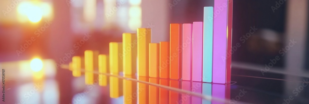 Poster colorful bar graph reflecting on a glass surface, showcasing growth and data visualization.