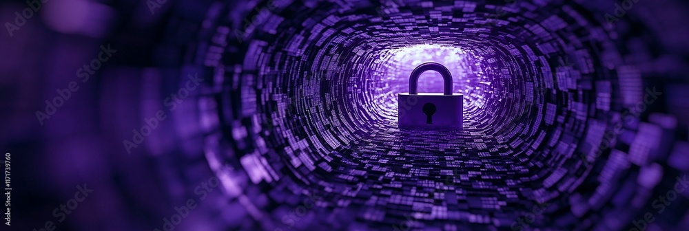 Poster purple digital tunnel with padlock at the end, symbolizing data security and protection.