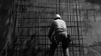 Fototapeta premium Construction worker installing rebar mesh against a concrete wall.