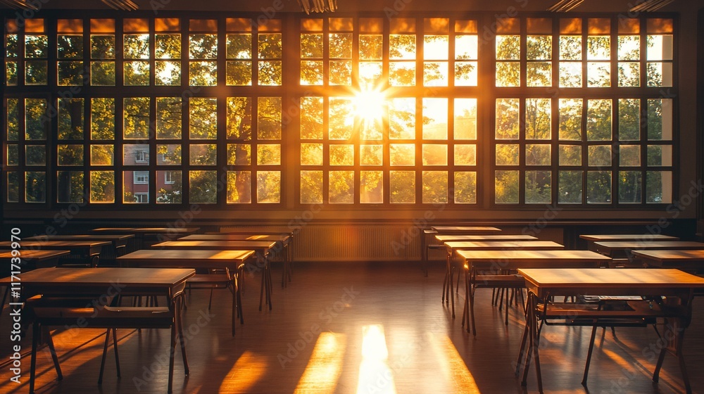 Leinwandbilder Sunlit classroom with empty desks and large window.