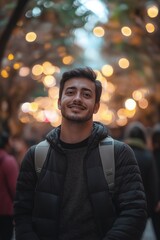 Fototapeta premium A joyful young man stands under twinkling lights, exuding charm.