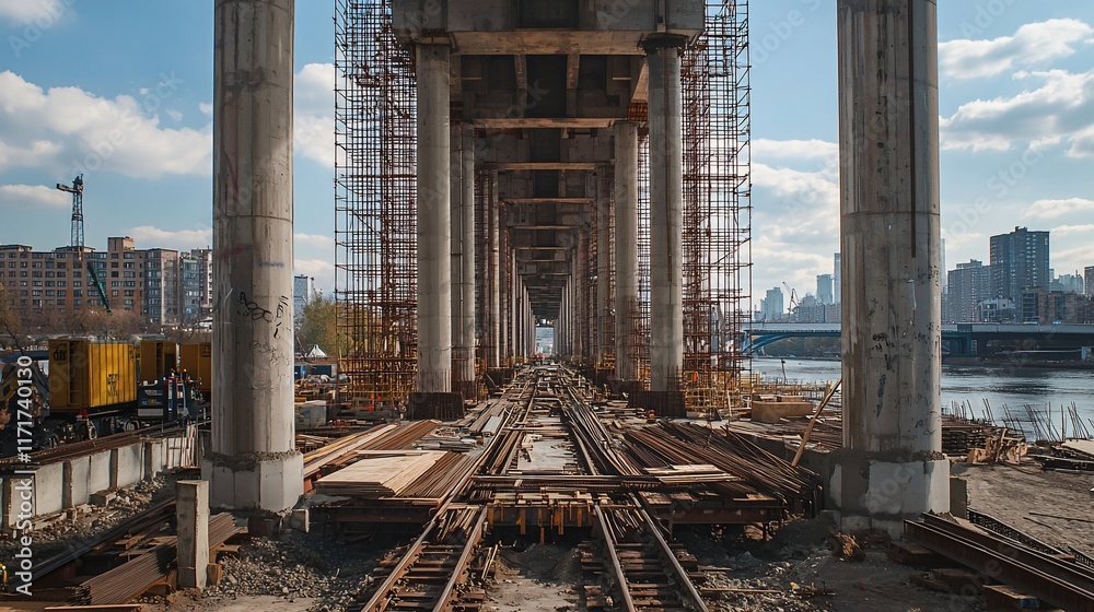 Aufkleber Underside view of a bridge under construction, showing railway tracks and support columns against a city backdrop.