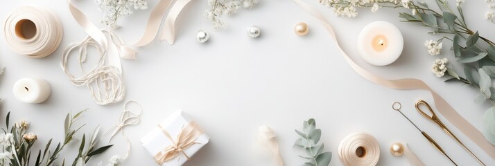 Minimalist flat lay showcasing elegant decoration materials for creative projects and celebrations