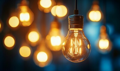 Glowing bulb hangs, illuminating blurred lights.