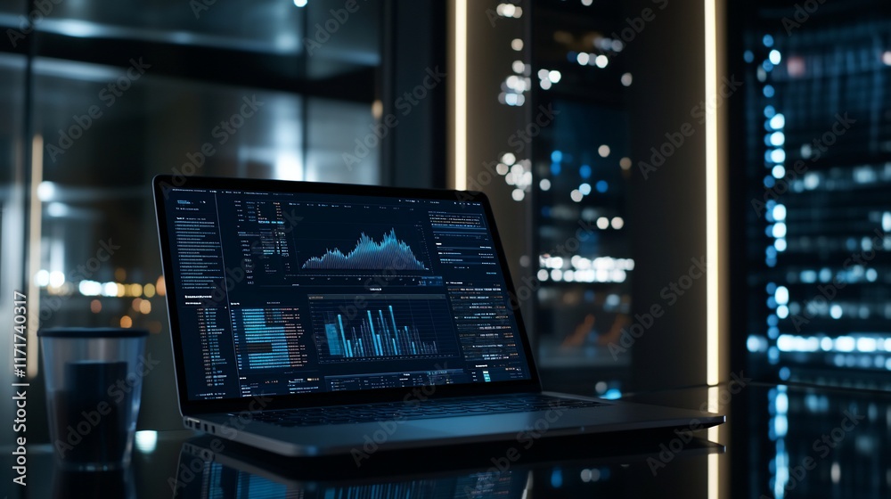 Fototapete Laptop displaying data analytics graphs on a desk in a modern server room at night.