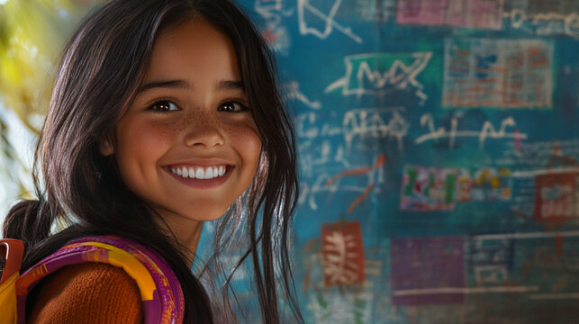 A close-up of a Hispanic girl with a broad, joyful grin. She's wearing a backpack and stands proudly against a school board adorned with math equations and educational posters. 