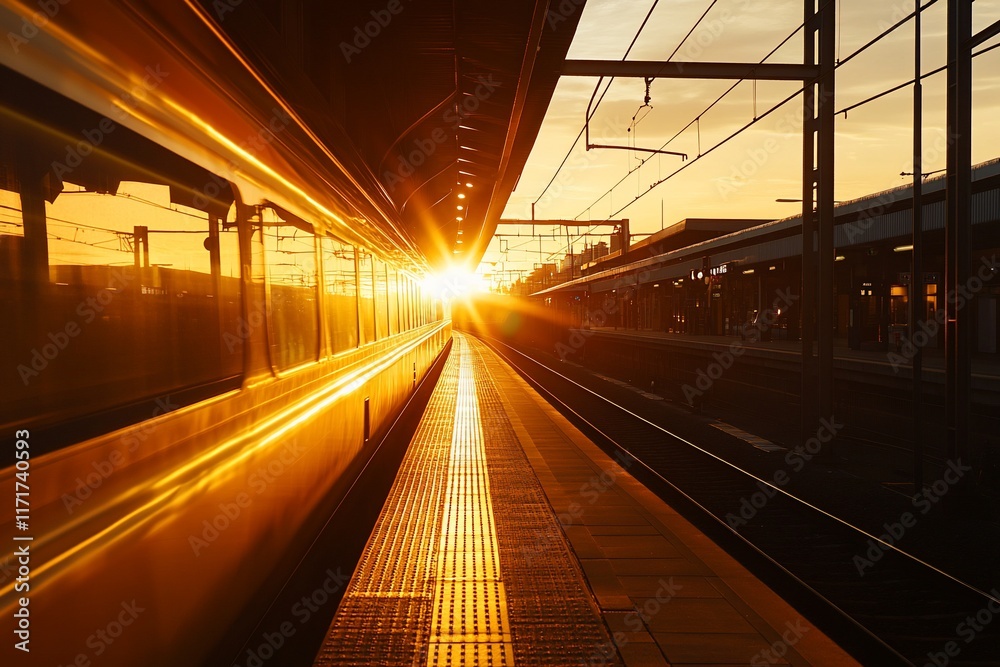 Poster sunset illuminating a train at a platform.