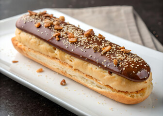 A delicious-looking pastry filled with a creamy filling and topped with chocolate ganache, nuts, and sesame seeds is displayed on a white rectangular plate.