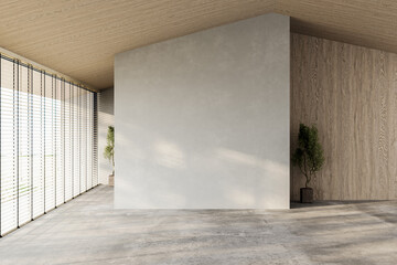 Modern contemporary loft empty room with nature view. There are wooden ceiling and blank concrete...