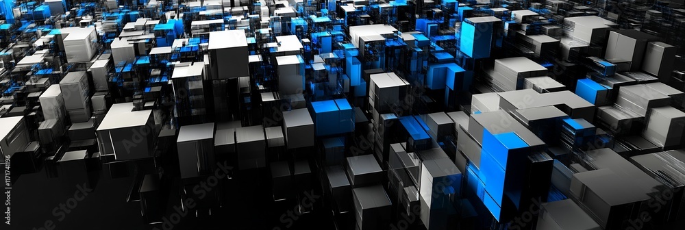 Poster Abstract 3D rendering of a chaotic array of cubes in shades of gray and blue.