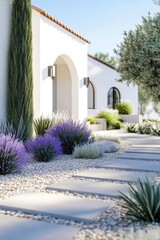 Naklejka premium A picturesque garden pathway adorned with an array of vibrant plants, all set within a contemporary architectural backdrop under the radiant daylight