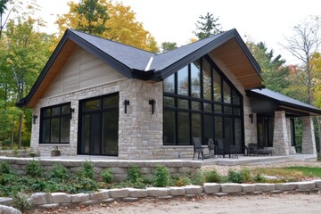 Obraz premium Modern cabin design showcases a blend of stone and glass, surrounded by colorful autumn foliage in a serene forest setting