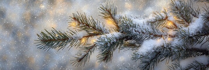 Snow-covered pine branch with warm lights, winter bokeh background.
