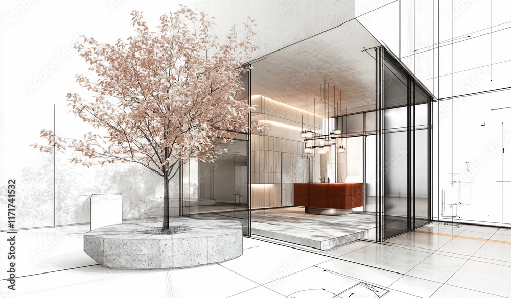 Fototapete architectural design rendering showing building lobby with tree and glass walls.