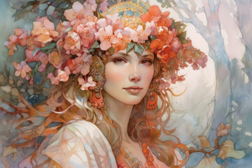 painting of a girl with a flower wreath, stylized as watercolor.  