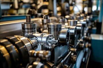Fototapeta premium Industrial machinery; metallic parts; intricate design.