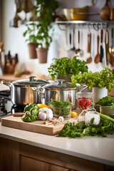 Gourmet Cooking in a Modern, Rustic Kitchen: A Symphony of Fresh Ingredients and Pristine Utensils