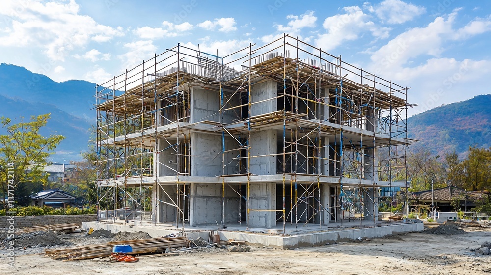 Aufkleber unfinished multi-story building under construction with scaffolding against mountain backdrop.
