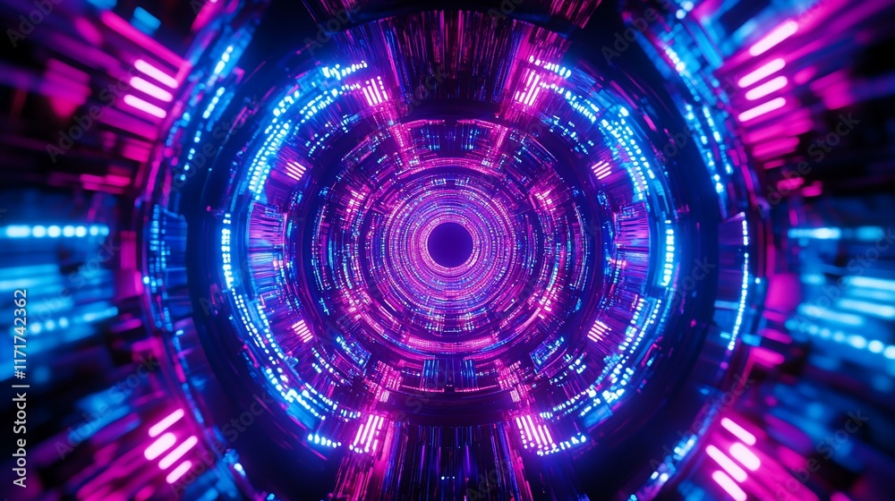 Poster futuristic neon tunnel with vibrant pink and blue lights, creating a circular, symmetrical pattern.