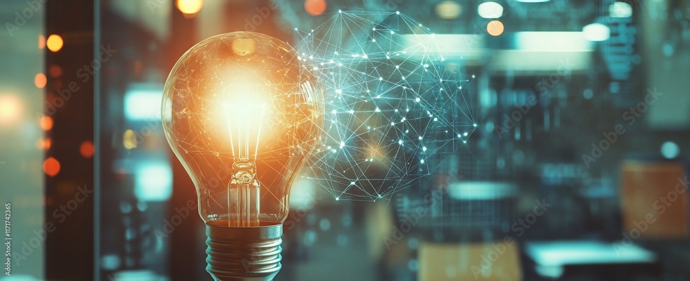 Poster glowing lightbulb with network connections, innovation concept.