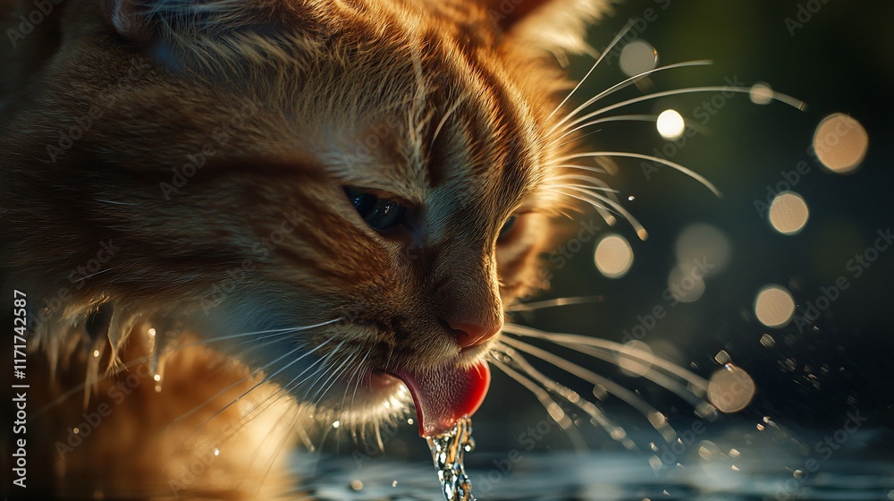 Poster close-up of an orange tabby cat drinking water, illuminated by bokeh lights.