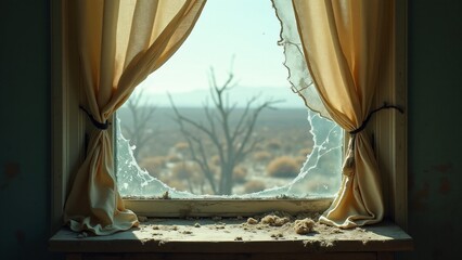 A shattered window with frayed curtains, peeling paint, and soft light streaming through broken glass. A desolate view evokes abandonment, fragility, and timeless beauty.