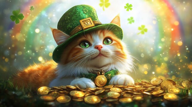 st patricks day feline, a joyful white and ginger cat wearing a green hat with a golden buckle rests by a pot of gold coins under a vibrant rainbow with clovers, exuding irish luck and festive