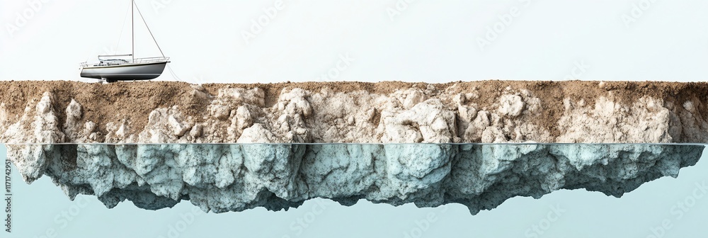 Aufkleber Cross-section view of an island showing above and below water levels with a sailboat on top.