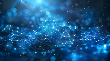 Dynamic blue abstract background with glowing particles and interconnected lines creating a sense of depth and technology