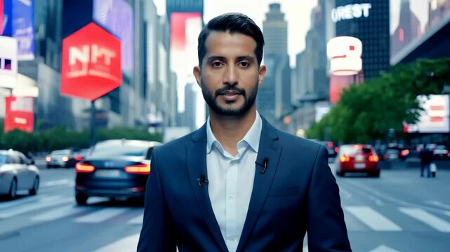 Professional news reporter delivering a live update from a busy city street, exuding confidence and clarity. Man in a suit is standing on a street. There are cars and a truck in the background