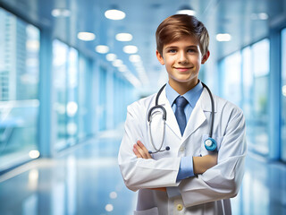 Young boy dressed as a doctor in a bright modern hospital hallway creating a hopeful atmosphere for young medical professionals