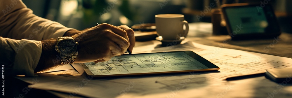 Poster man using stylus on digital tablet, sketching designs on blueprints.