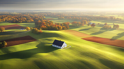 Fototapeta premium Panoramic view of beautiful European countryside with green hills, aerial drone camera view 