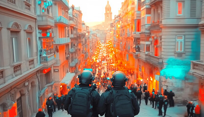 Obraz premium Police, special regiments patrolling city area. 