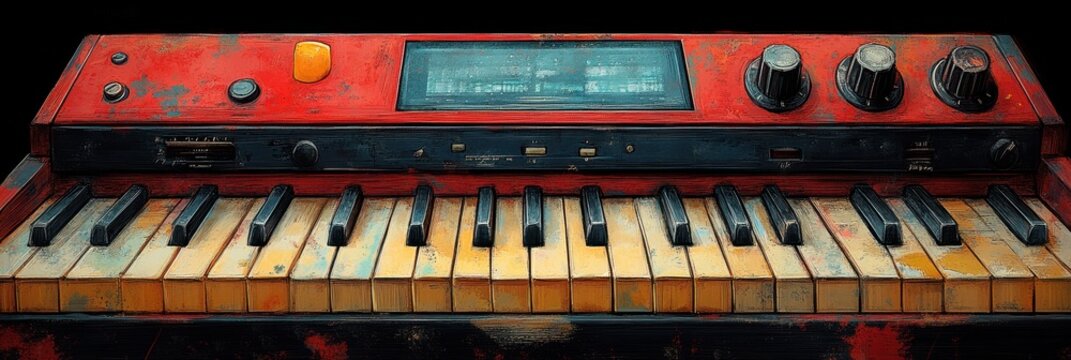 Retro-Style Electric Synthesizer Keyboard with Vintage Knobs and Buttons, Capturing a Unique Blend of Technology and Music on a Distressed Surface