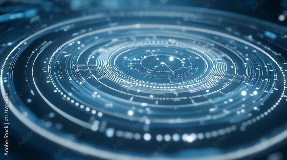 Poster abstract blue glowing circular technology interface.