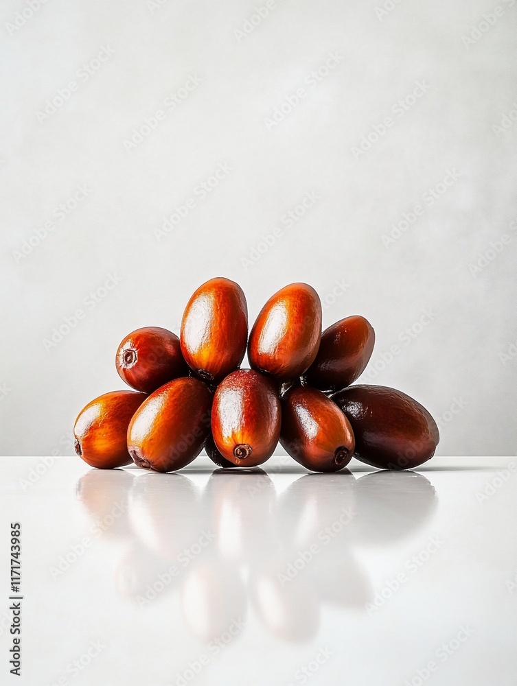 Aufkleber close-up of a pile of shiny, dark red jujubes on a reflective white surface against a light gray bac