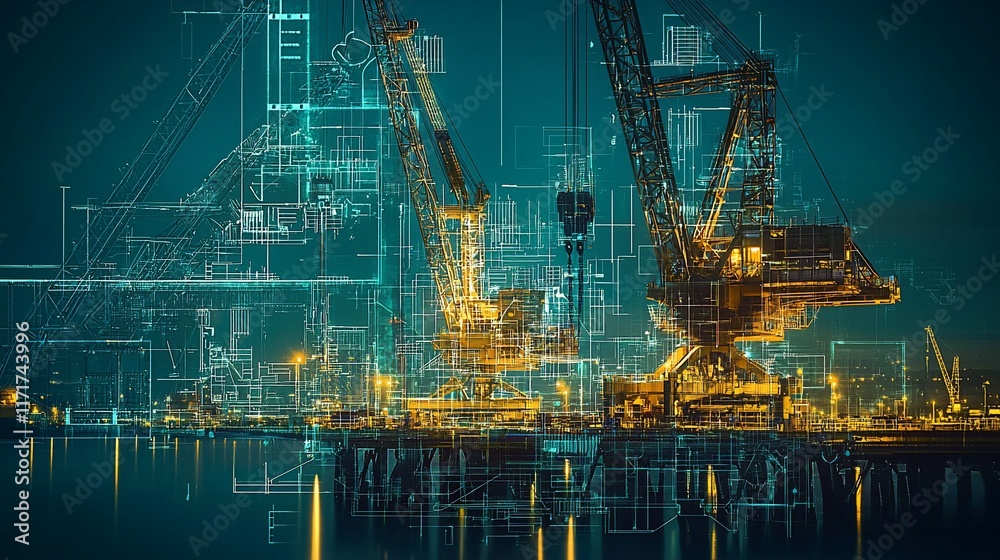 Poster night view of industrial cranes at a port superimposed with digital blueprints.