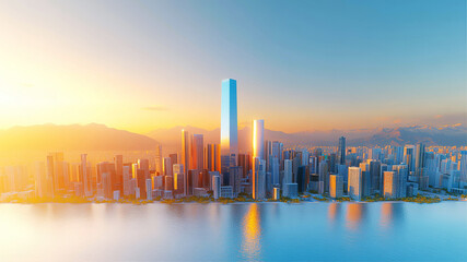 Obraz premium Modern city with skyscrapers at sunset with beautiful reflection in sea water 