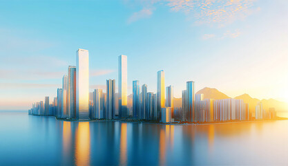 Fototapeta premium Modern city with skyscrapers at sunset with beautiful reflection in sea water 